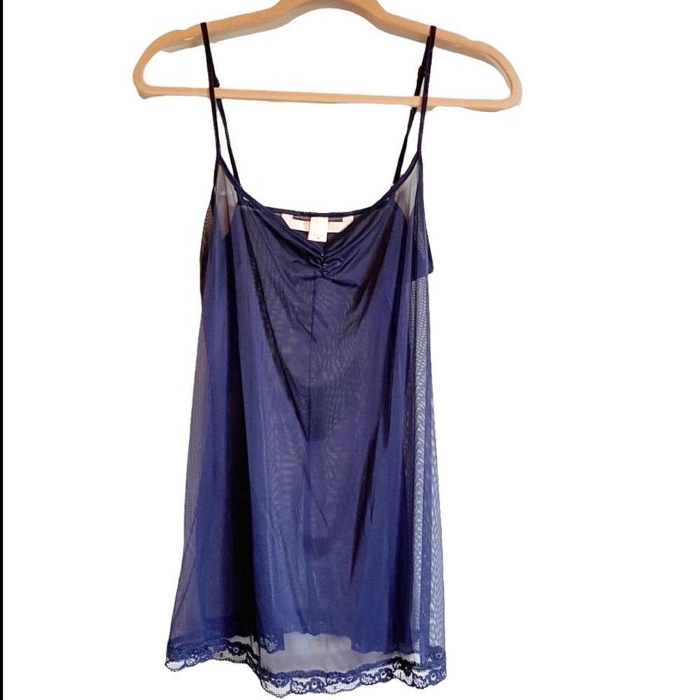 Victoria Secret Vintage Y2K Blue Cami Semi-Sheer Camisole Slip Lace Hem - Picture 1 of 10